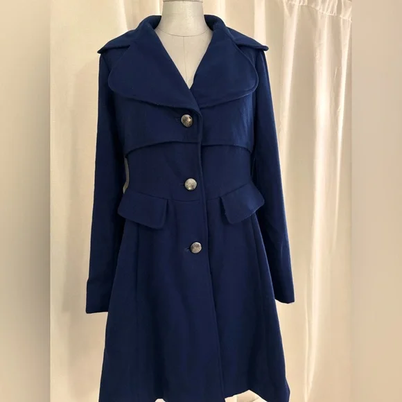 Jessica Simpson Wool Pea Coat Navy Fit Flare Trench Overcoat Classic Style Med - Picture 13 of 13